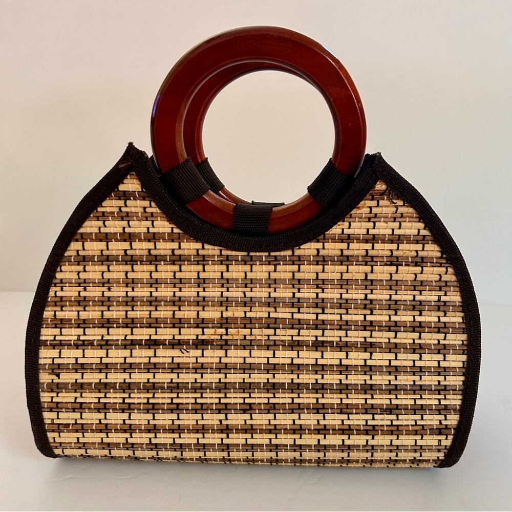 Vintage Wooden Bamboo Slatted Double Handle purse/Handbag - Picture 2 of 8